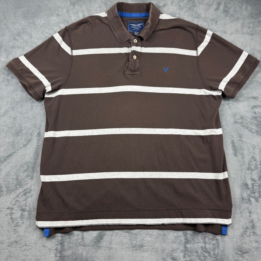 American Eagle Outfitters Mens XXL Brown White Striped Eagle Polo Shirt Cotton